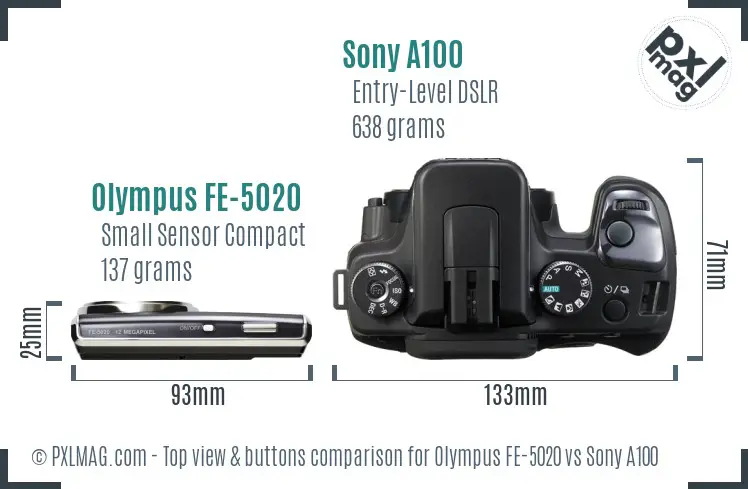 Olympus FE-5020 vs Sony A100 top view buttons comparison
