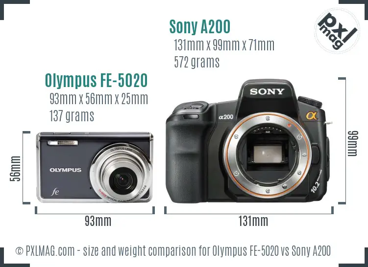 Olympus FE-5020 vs Sony A200 size comparison