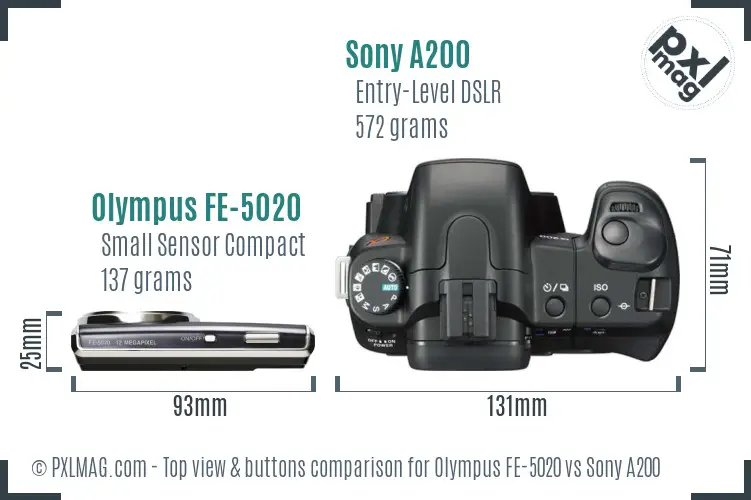 Olympus FE-5020 vs Sony A200 top view buttons comparison