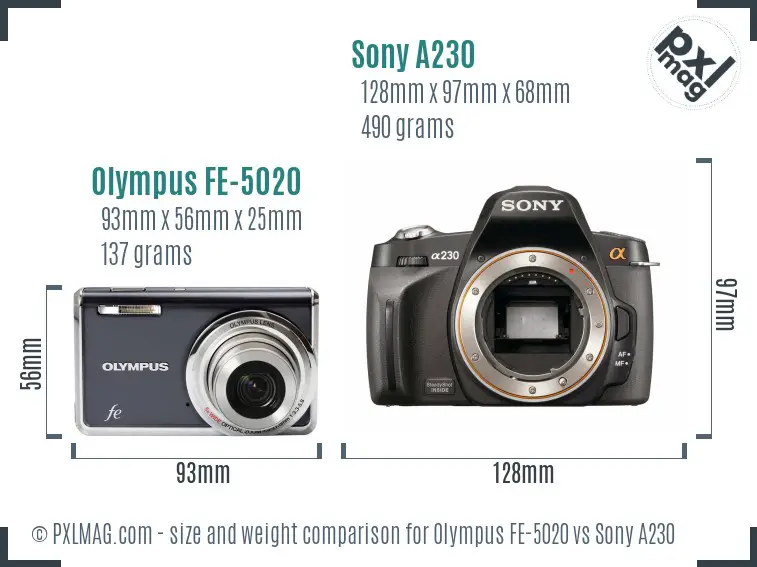 Olympus FE-5020 vs Sony A230 size comparison