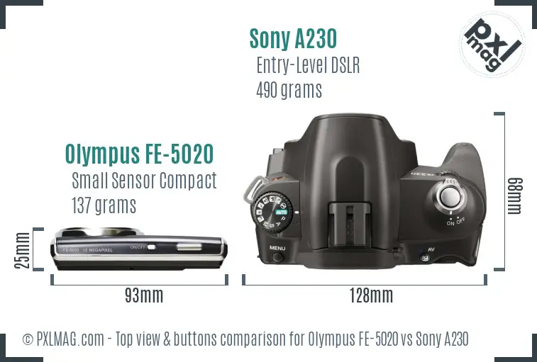 Olympus FE-5020 vs Sony A230 top view buttons comparison