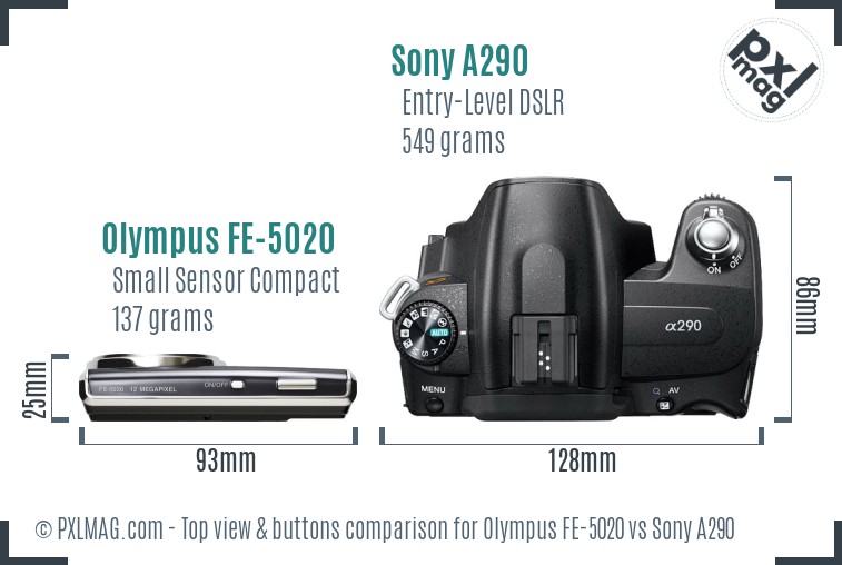 Olympus FE-5020 vs Sony A290 top view buttons comparison