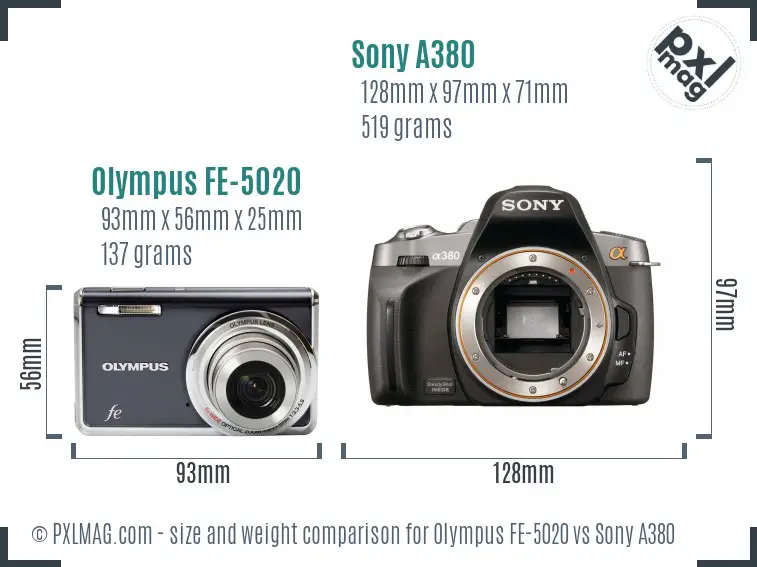 Olympus FE-5020 vs Sony A380 size comparison