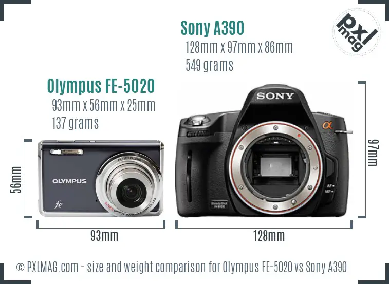 Olympus FE-5020 vs Sony A390 size comparison