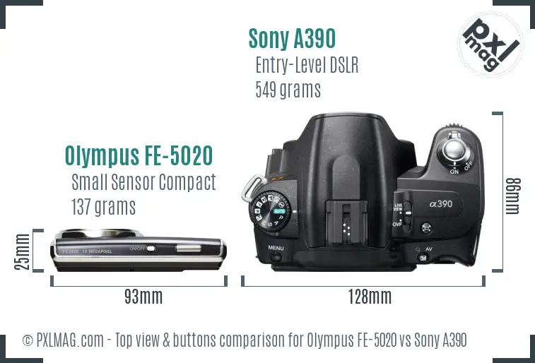 Olympus FE-5020 vs Sony A390 top view buttons comparison