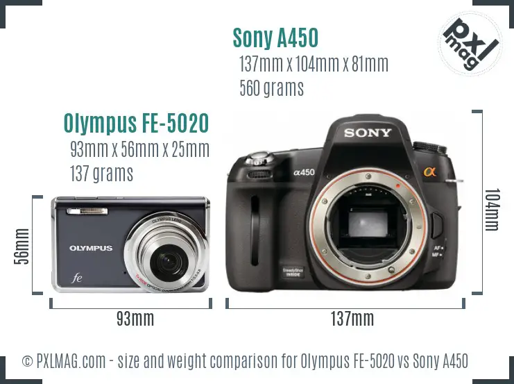 Olympus FE-5020 vs Sony A450 size comparison
