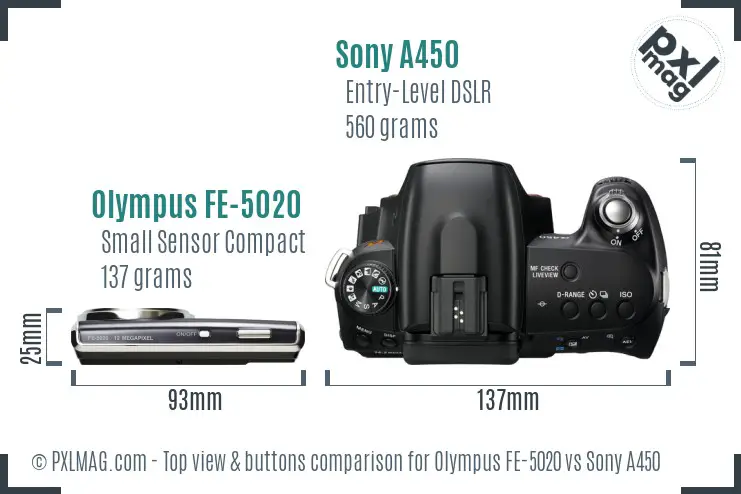 Olympus FE-5020 vs Sony A450 top view buttons comparison
