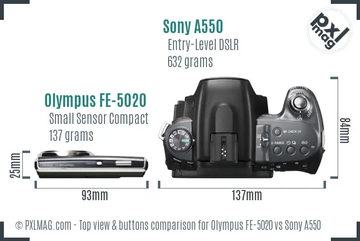 Olympus FE-5020 vs Sony A550 top view buttons comparison