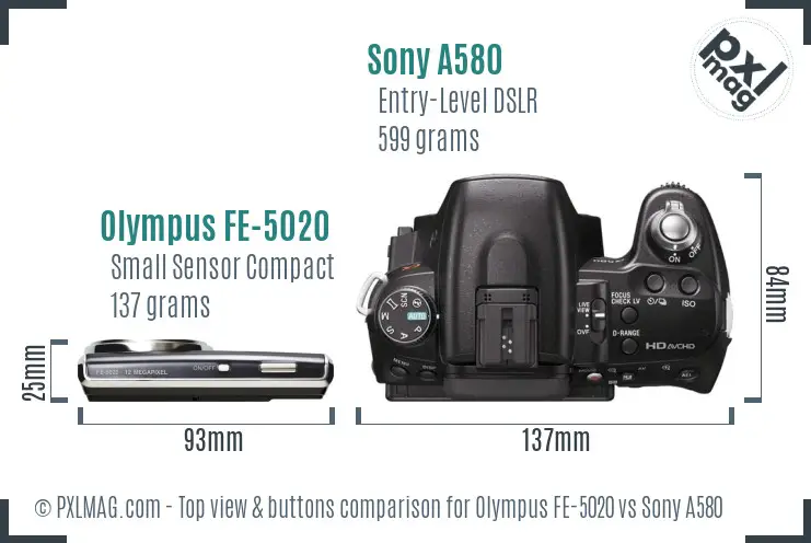 Olympus FE-5020 vs Sony A580 top view buttons comparison