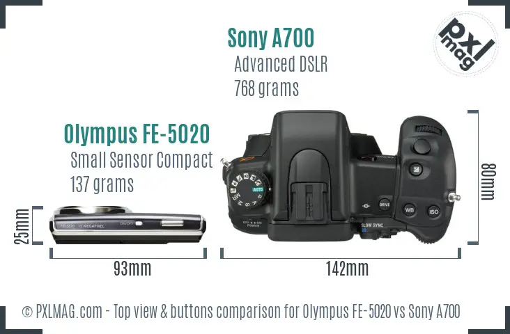 Olympus FE-5020 vs Sony A700 top view buttons comparison
