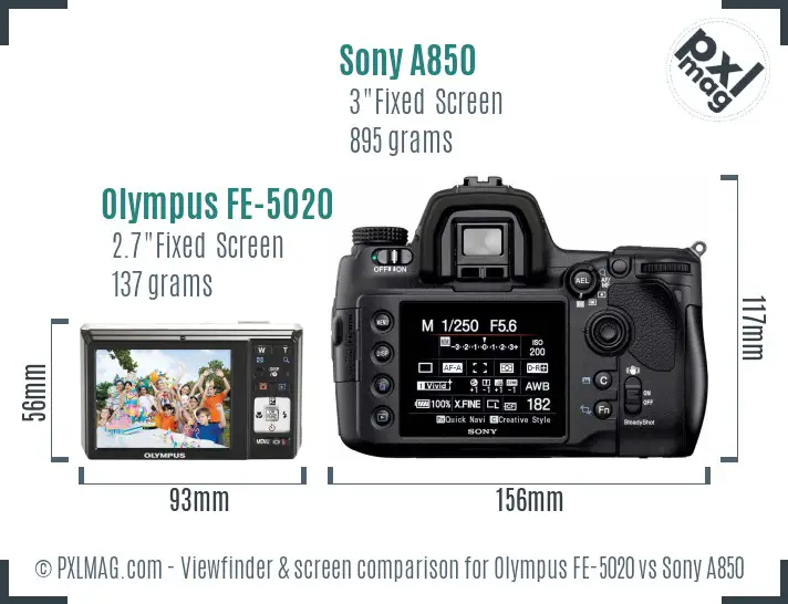 Olympus FE-5020 vs Sony A850 Screen and Viewfinder comparison