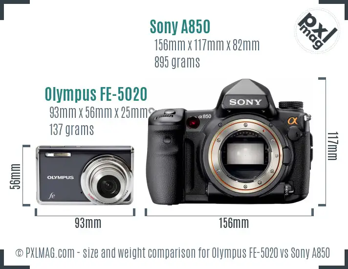 Olympus FE-5020 vs Sony A850 size comparison