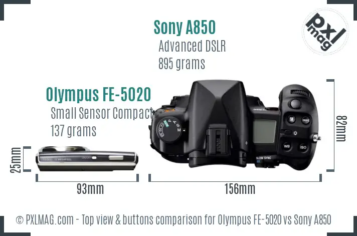 Olympus FE-5020 vs Sony A850 top view buttons comparison