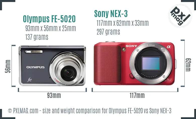Olympus FE-5020 vs Sony NEX-3 size comparison