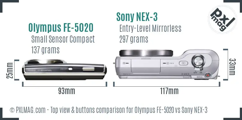 Olympus FE-5020 vs Sony NEX-3 top view buttons comparison