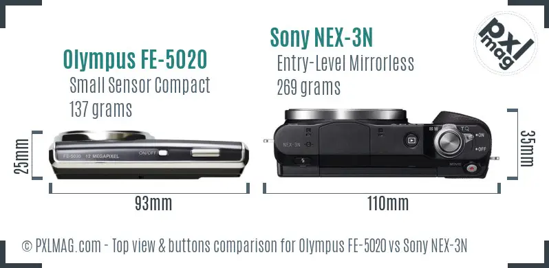 Olympus FE-5020 vs Sony NEX-3N top view buttons comparison