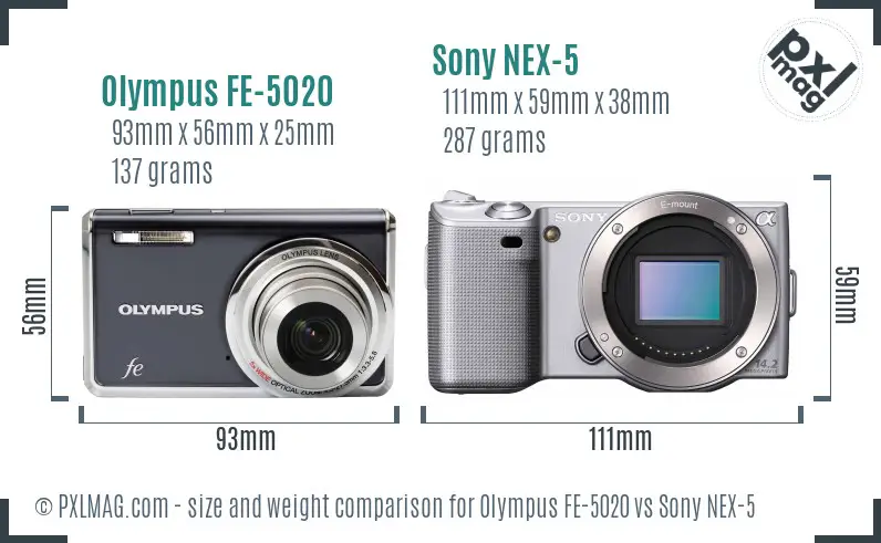Olympus FE-5020 vs Sony NEX-5 size comparison