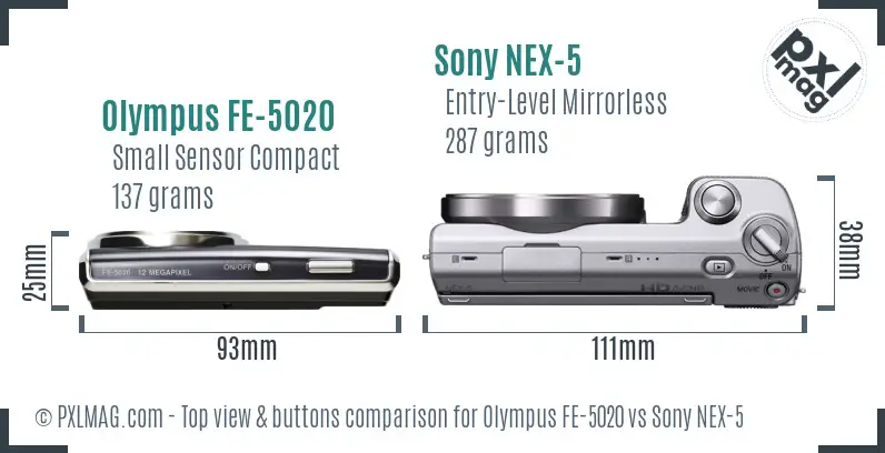 Olympus FE-5020 vs Sony NEX-5 top view buttons comparison