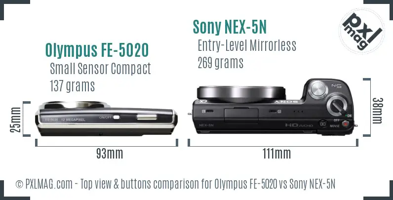 Olympus FE-5020 vs Sony NEX-5N top view buttons comparison