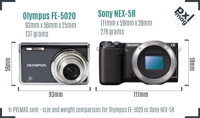 Olympus FE-5020 vs Sony NEX-5R size comparison