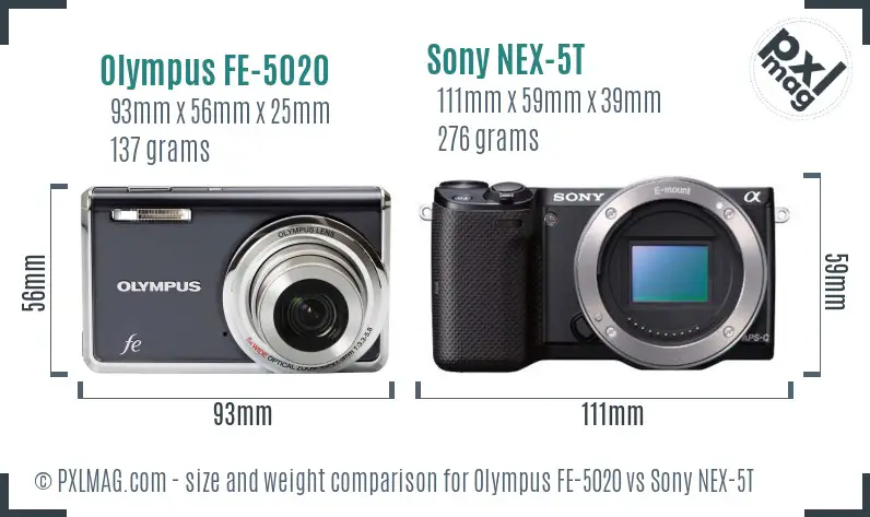 Olympus FE-5020 vs Sony NEX-5T size comparison