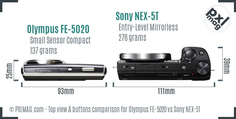 Olympus FE-5020 vs Sony NEX-5T top view buttons comparison