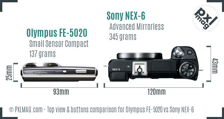 Olympus FE-5020 vs Sony NEX-6 top view buttons comparison