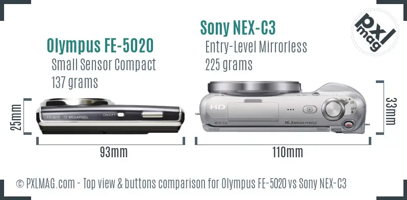 Olympus FE-5020 vs Sony NEX-C3 top view buttons comparison