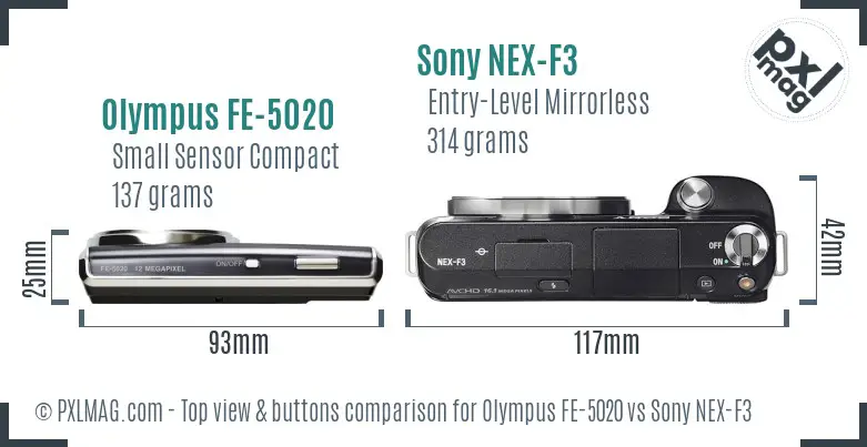 Olympus FE-5020 vs Sony NEX-F3 top view buttons comparison