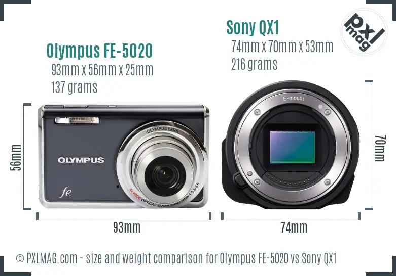Olympus FE-5020 vs Sony QX1 size comparison