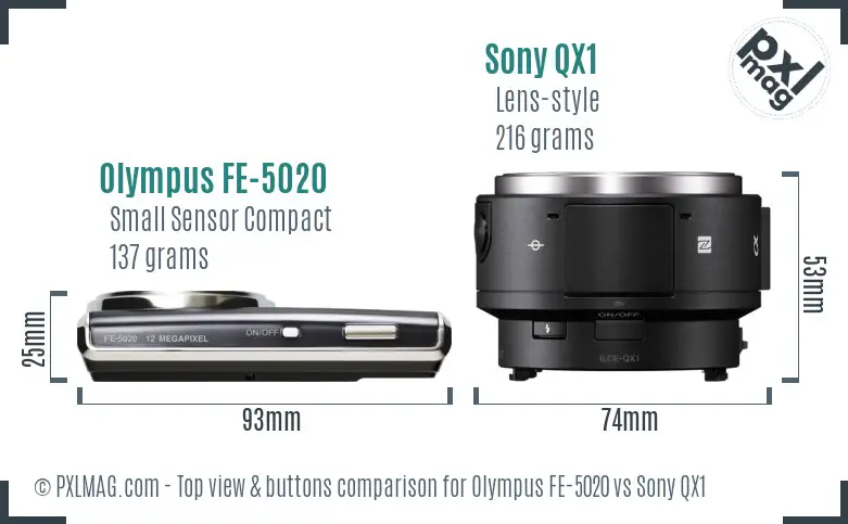 Olympus FE-5020 vs Sony QX1 top view buttons comparison