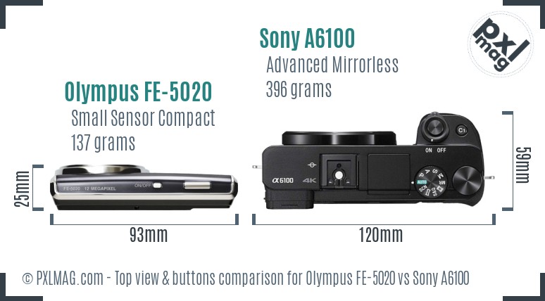 Olympus FE-5020 vs Sony A6100 top view buttons comparison