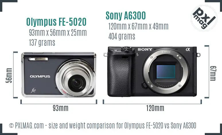 Olympus FE-5020 vs Sony A6300 size comparison