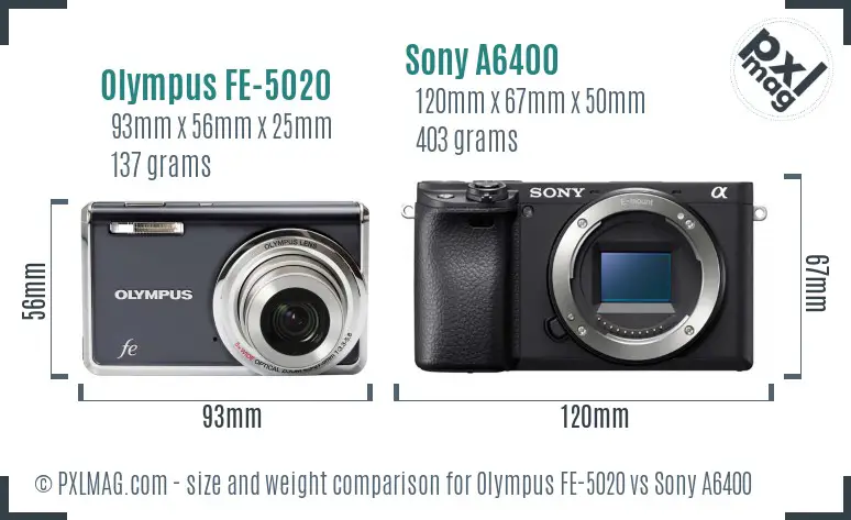 Olympus FE-5020 vs Sony A6400 size comparison