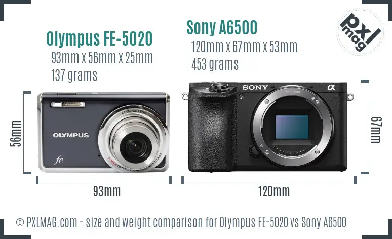Olympus FE-5020 vs Sony A6500 size comparison