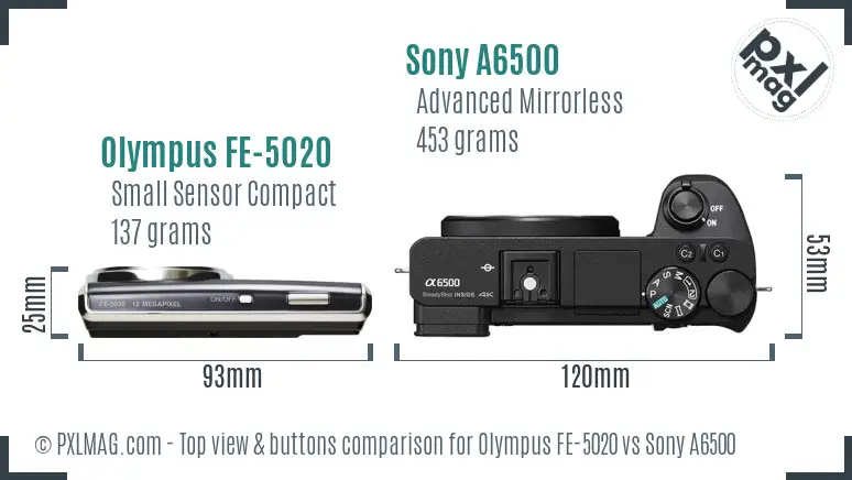Olympus FE-5020 vs Sony A6500 top view buttons comparison