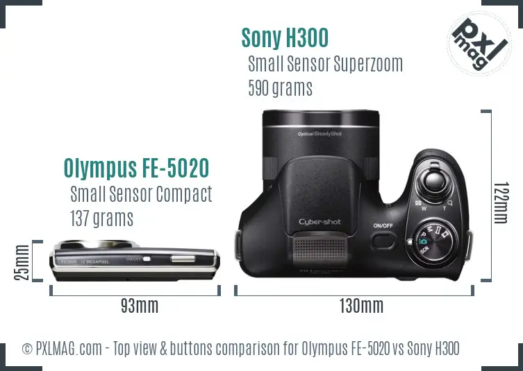 Olympus FE-5020 vs Sony H300 top view buttons comparison