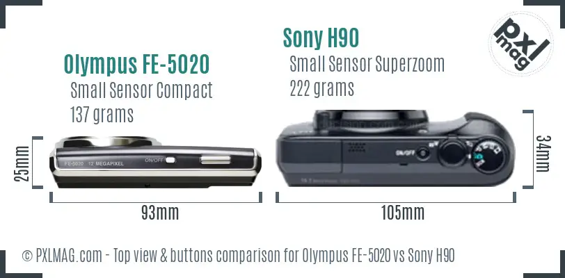 Olympus FE-5020 vs Sony H90 top view buttons comparison