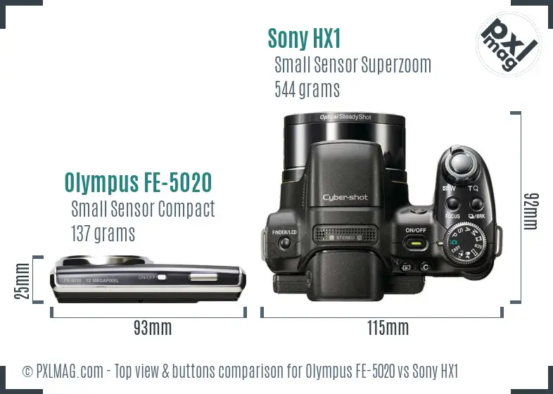 Olympus FE-5020 vs Sony HX1 top view buttons comparison