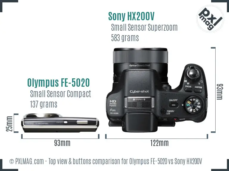 Olympus FE-5020 vs Sony HX200V top view buttons comparison