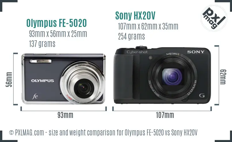 Olympus FE-5020 vs Sony HX20V size comparison
