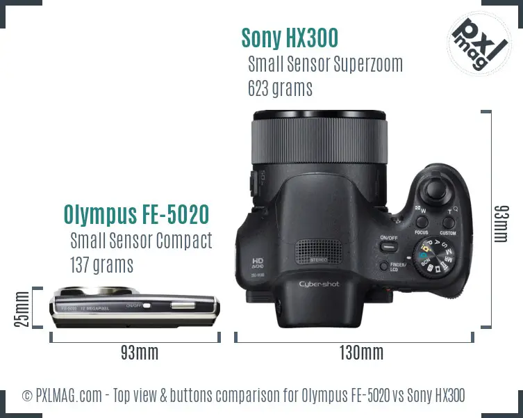 Olympus FE-5020 vs Sony HX300 top view buttons comparison