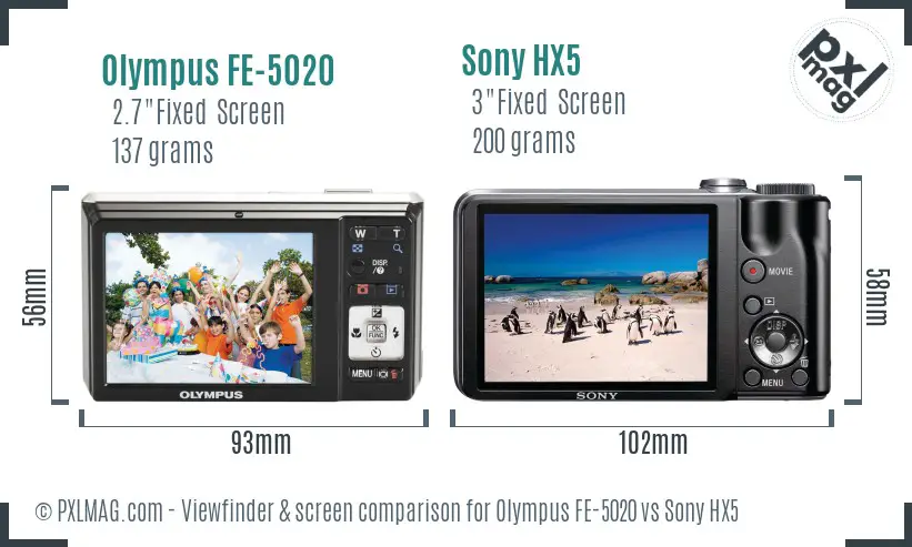 Olympus FE-5020 vs Sony HX5 Screen and Viewfinder comparison