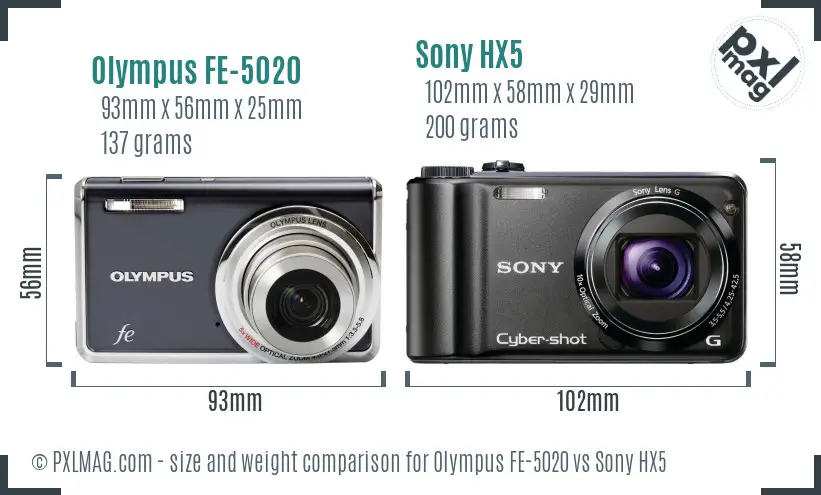 Olympus FE-5020 vs Sony HX5 size comparison