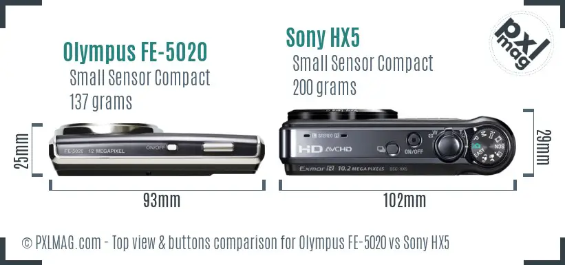 Olympus FE-5020 vs Sony HX5 top view buttons comparison