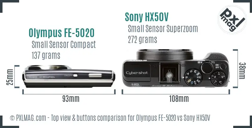 Olympus FE-5020 vs Sony HX50V top view buttons comparison