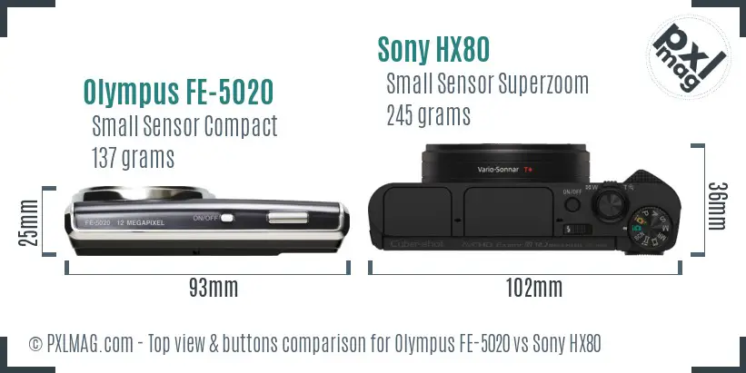 Olympus FE-5020 vs Sony HX80 top view buttons comparison