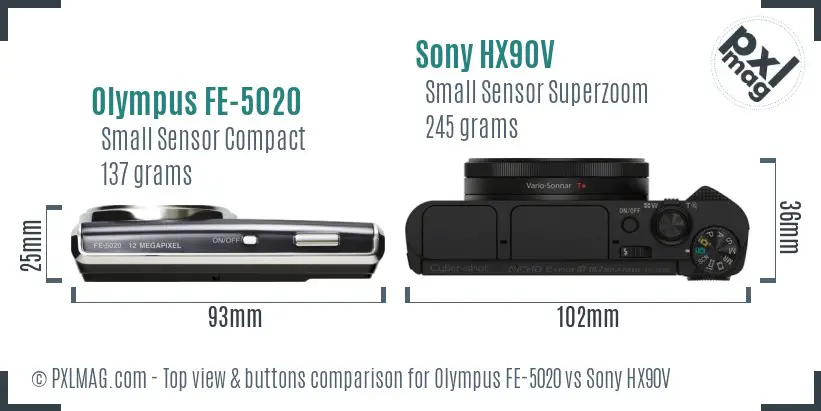 Olympus FE-5020 vs Sony HX90V top view buttons comparison