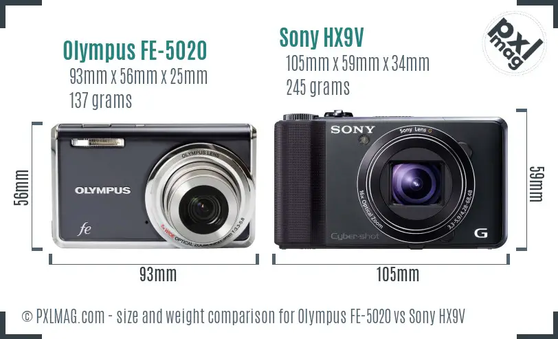 Olympus FE-5020 vs Sony HX9V size comparison