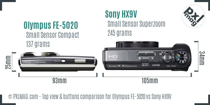 Olympus FE-5020 vs Sony HX9V top view buttons comparison